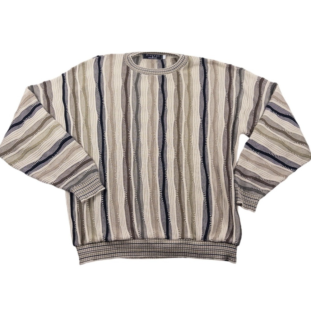Vintage 3D Sweater Mens 2X XXL Tan Black Stripe Textured Knit 90s Coogi Style